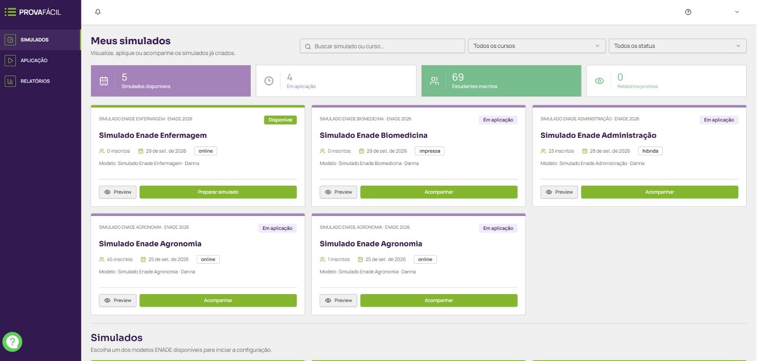 Portal de Simulados com aplicações ENADE organizadas por status